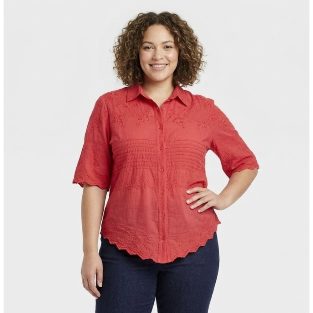 Solitaire 1X Red Embroidered Textured Flare Sleeve Boho Button Down Vacation
